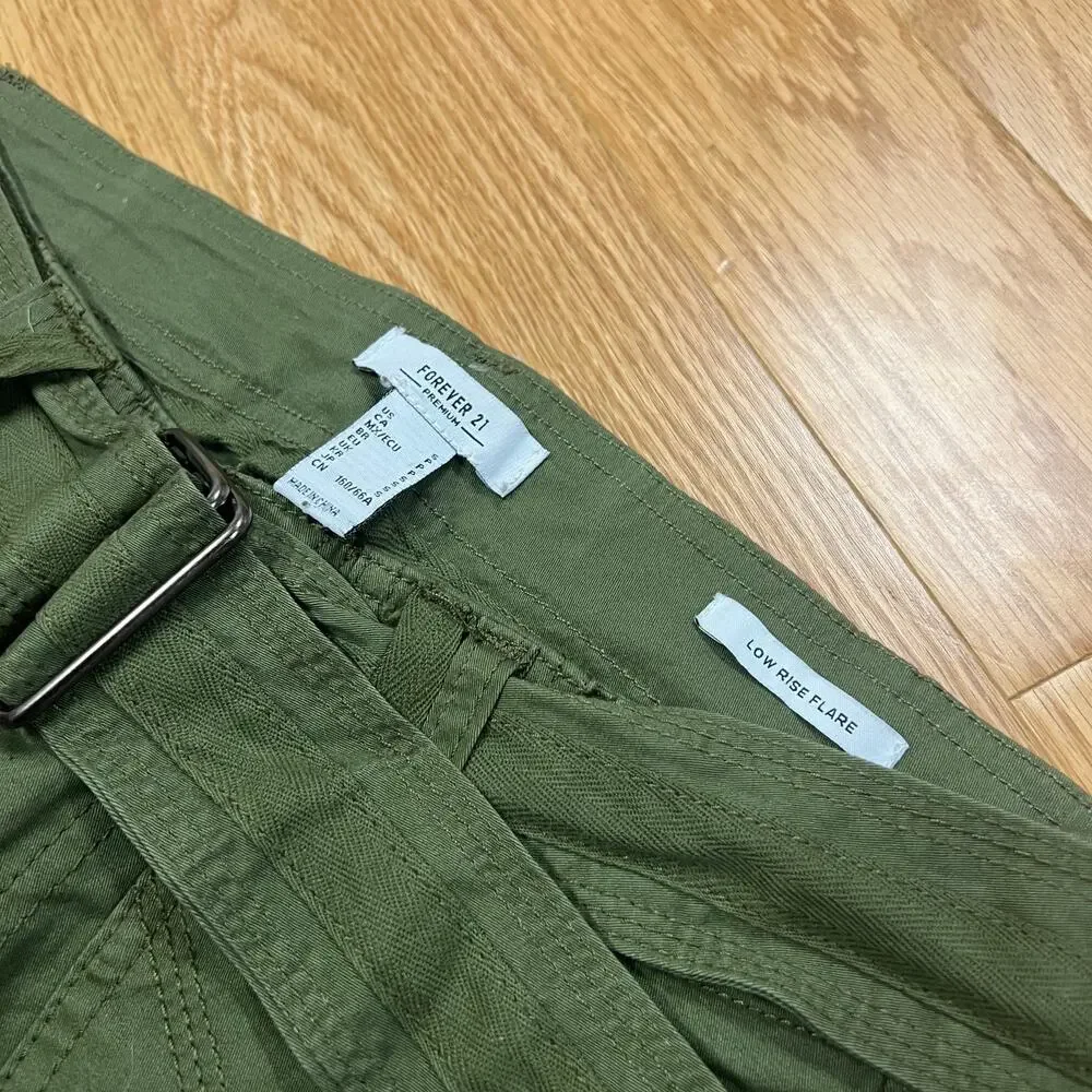 Forever 21 Women's Pants Cargo Low Rise Flare Belted Army Green Military Size S